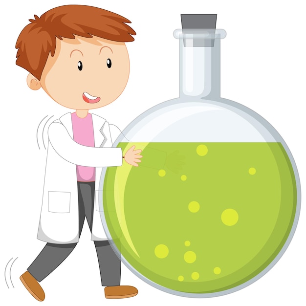 Cute male scientist cartoon character conducting experiment