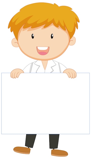 Free vector cute male scientist cartoon character holding blank banner