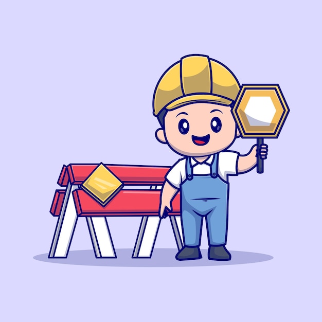 Free vector cute man contractor holding traffic sign cartoon vector icon illustration. people construction icon