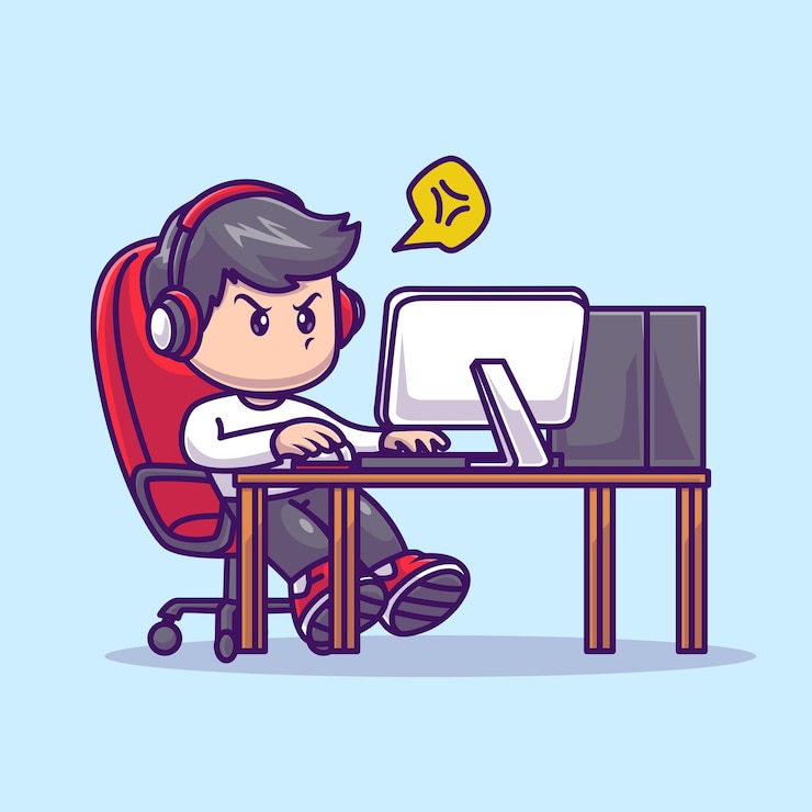 Free Vector cute man playing game on computer cartoon vector icon illustration. people technology icon isolated