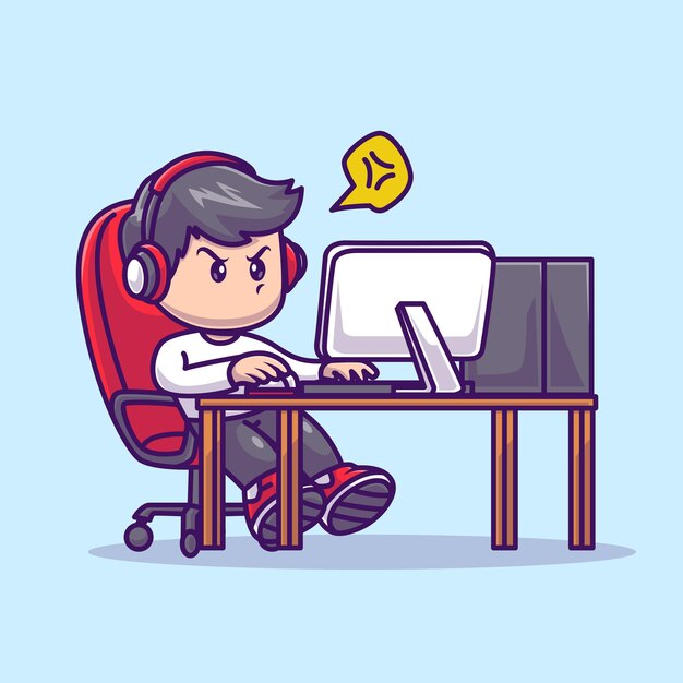 Cute Man Playing Game On Computer Cartoon Vector Icon Illustration. People Technology Icon Isolated