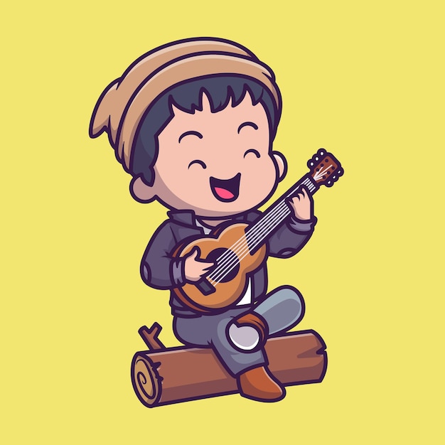 Милый человек играет на гитаре на иллюстрации значка вектора шаржа леса. Люди Музыка Иконка Концепция Изолированные Premium векторы. Плоский мультяшном стиле