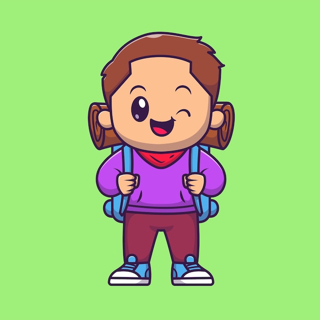 Cute man traveling with backpack cartoon vector icon illustration people holiday icon isolated flat