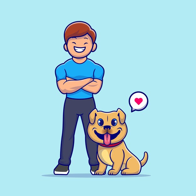 Cute Man With Dog Cartoon   Icon Illustration. People Animal Icon Concept Isolated  . Flat Cartoon Style