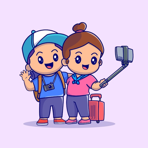 Cute Man And Woman Taking Selfie With Phone Cartoon Vector Icon Illustration People Holiday Isolated