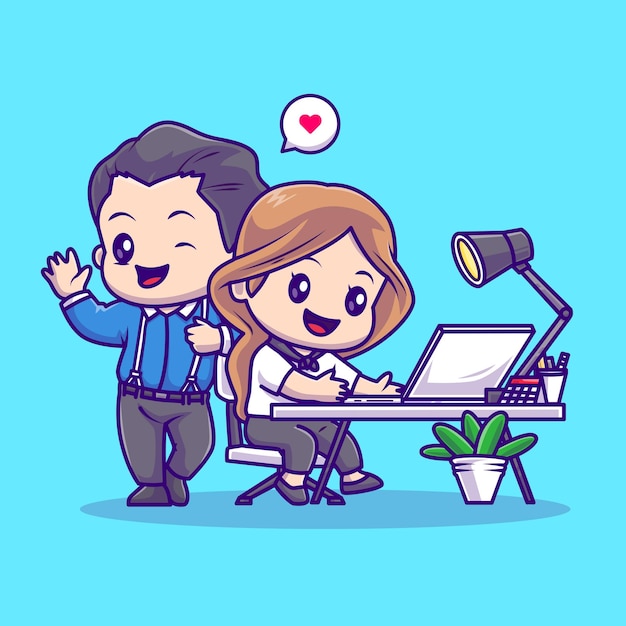 Cute man and woman working on laptop together cartoon vector icon illustration. people technology