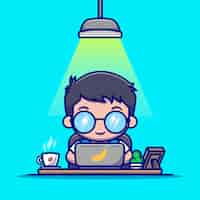 Free vector cute man working on laptop with coffee cartoon vector icon illustration. people technology icon concept isolated premium vector. flat cartoon style