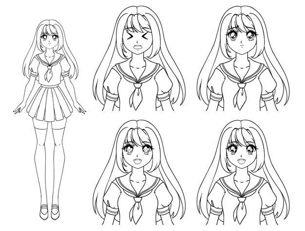 3つのかわいいアニメゾンビの女の子の肖像画のセット 2つの異なる表現 90年代のレトロなアニメスタイルの手描きイラスト 孤立 プレミアムベクター