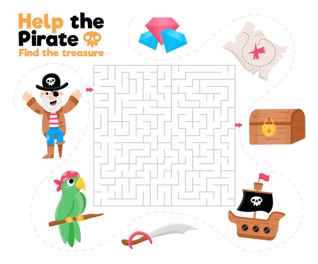 海賊の要素を持つ子供のためのかわいい迷路