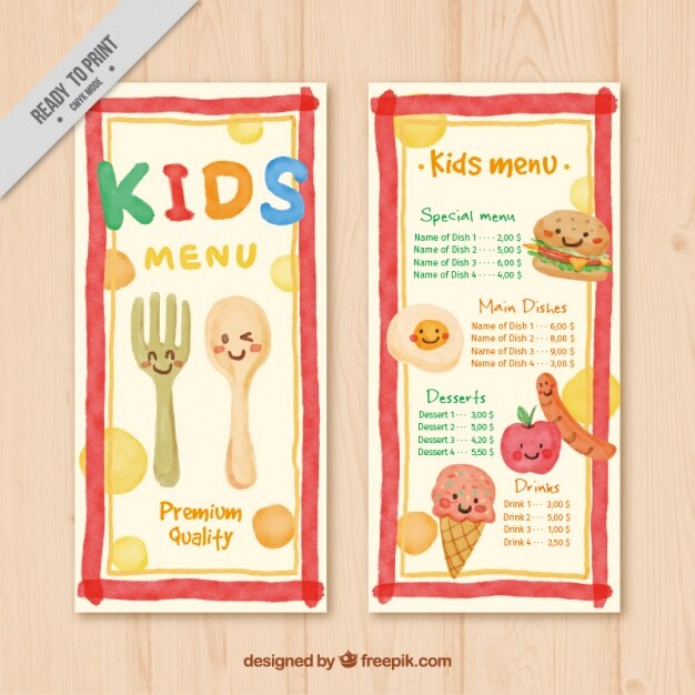 Free Vector cute menu for kids painted in watercolor