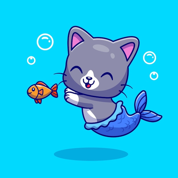Cute Mermaid Cat With Fish Cartoon Vector Icon Illustration. Animal Nature Icon Concept Isolated Premium Vector. Flat Cartoon Style