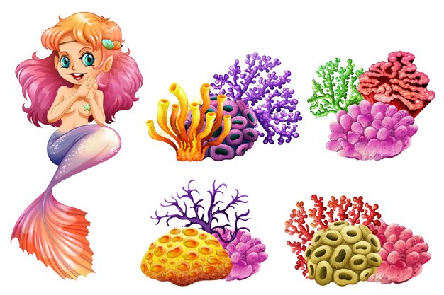 Симпатичные русалку и красочные коралловые рифы