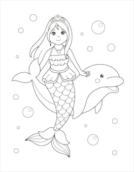 Cute mermaid and dolphin coloring page