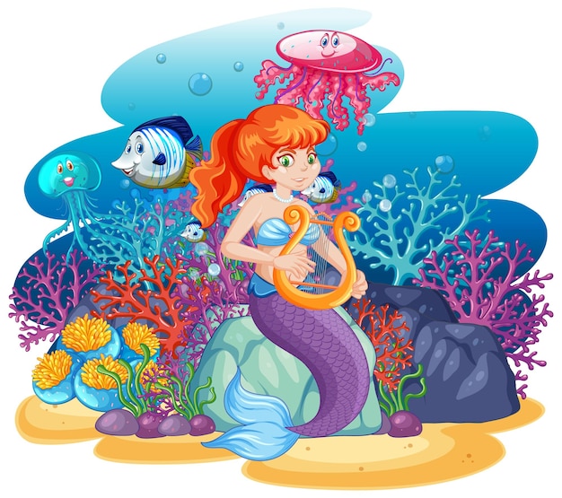 Cute mermaid with animal sea theme scene cartoon style isolated