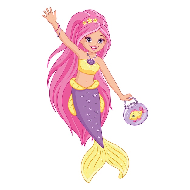 分離された魚のイラストとかわいい人魚 プレミアムベクター