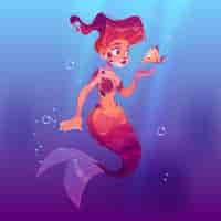 Free vector cute mermaid with little fish underwater in sea.