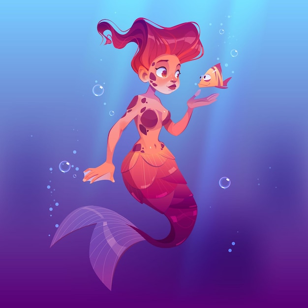 Cute mermaid with little fish underwater in sea.