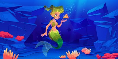 Free vector cute mermaid with little fish in underwater world