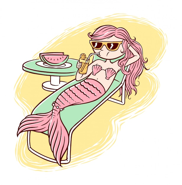 かわいい人魚がリラックスしたイラスト プレミアムベクター