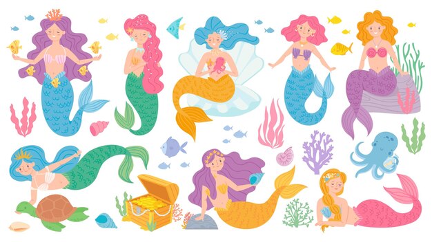 かわいい人魚の手描き プレミアムベクター かわいい人魚の手描き プレミアムベクター