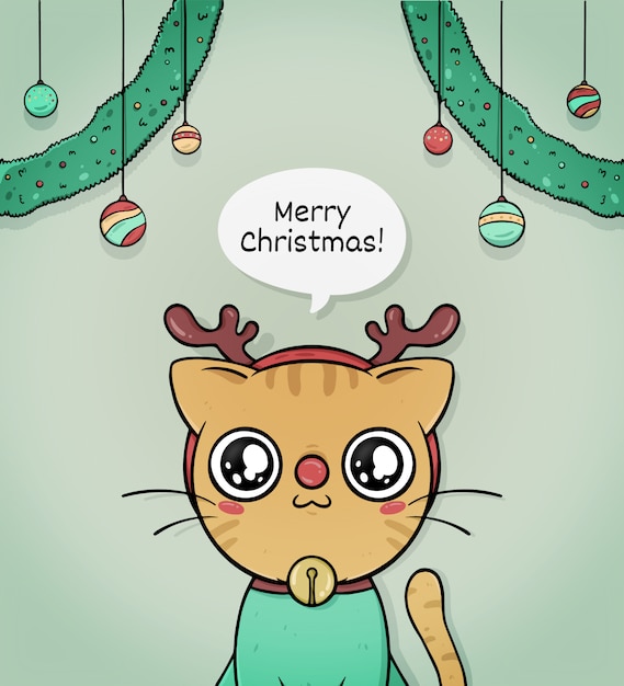 Free vector cute merry christmas greeting card with cat reindeer