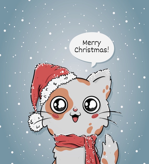 Cute merry christmas greeting card with cat with santa hat