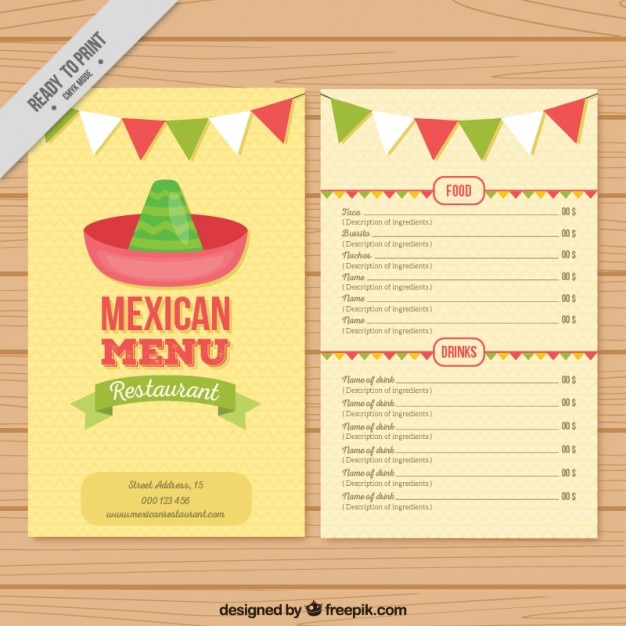 Free vector cute mexican menu with garlands and hat