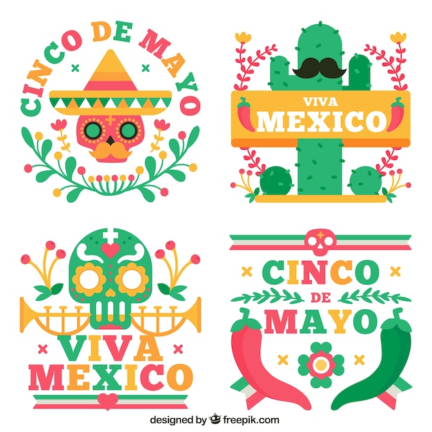 Free vector cute mexico party stickers in flat design