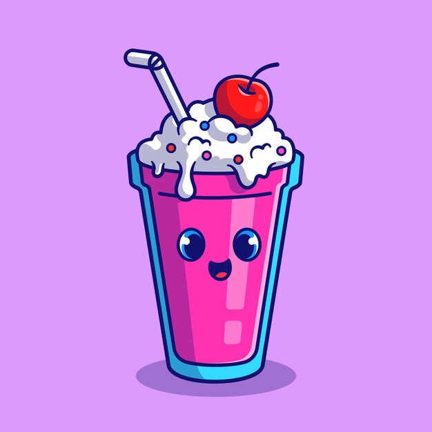 Cute Milkshake With Cherry Cartoon 