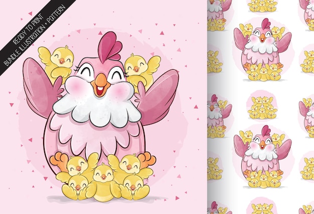 Free vector cute mom chicken with baby chicken illustration  illustration and pattern set