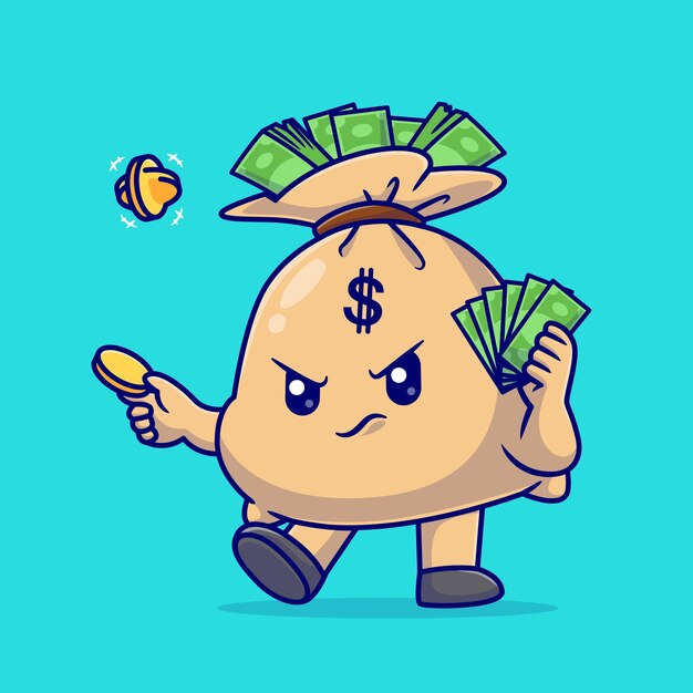 Free Vector cute money bag holding money cash and coin cartoon vector icon illustration finance object isolated