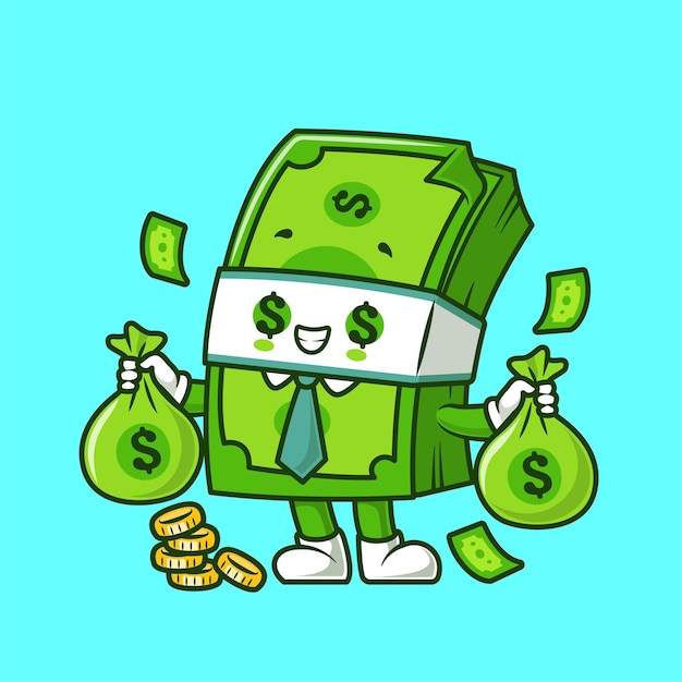 Free Vector cute money holding money bag with gold coin cartoon vector icon illustration people finance flat