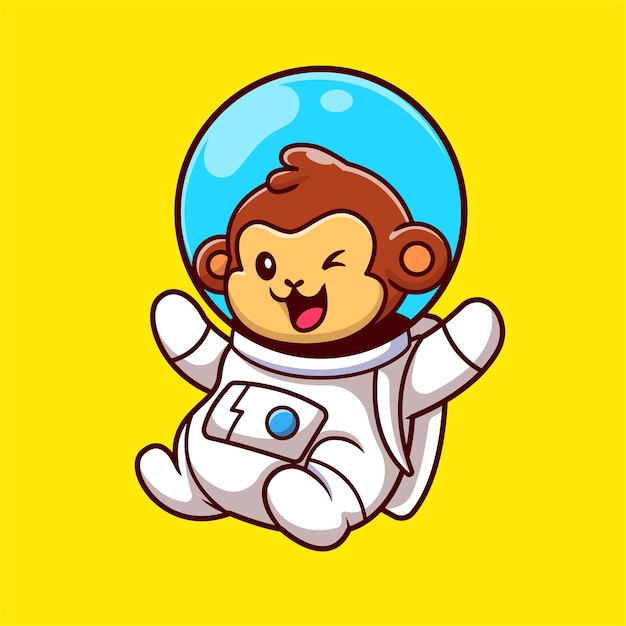 かわいい猿の宇宙飛行士フローティング漫画ベクトルアイコンイラスト。動物技術アイコンコンセプト分離プレミアムベクトル。フラット漫画スタイル