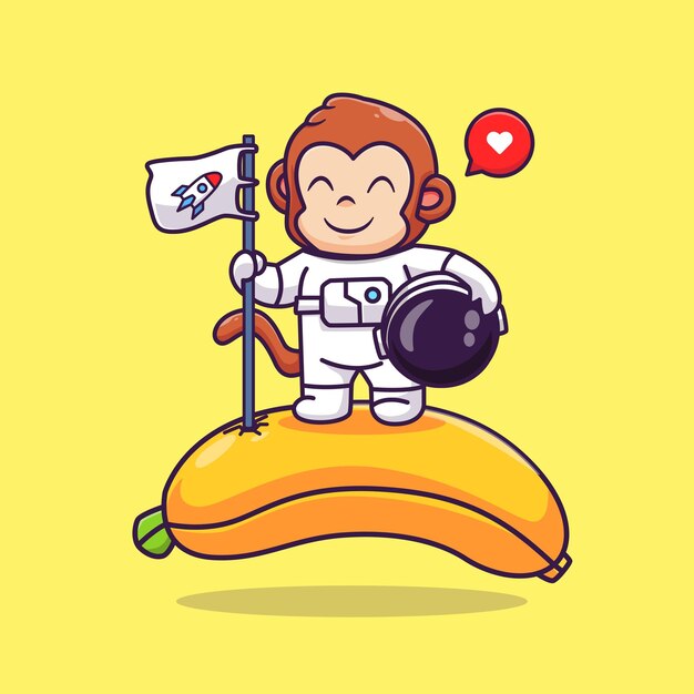旗漫画ベクトルアイコンイラストとバナナの惑星に立っているかわいい猿の宇宙飛行士。化学