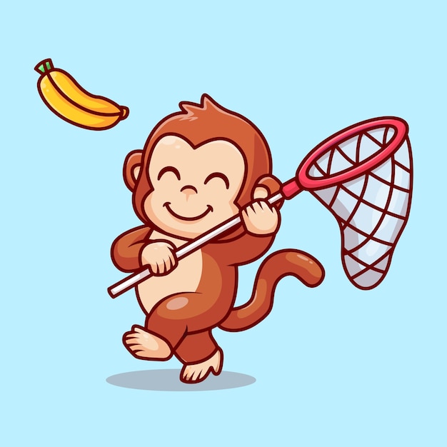 Cute Monkey Catching Banana With Fishing Net Cartoon Vector Icon Illustration. Animal Nature Icon