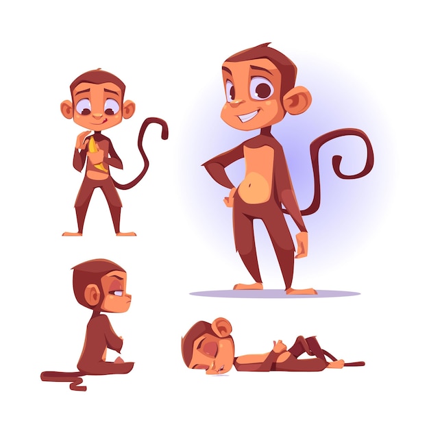Cute monkey character in different poses. Vector set of cartoon chat bot, funny ape smiling