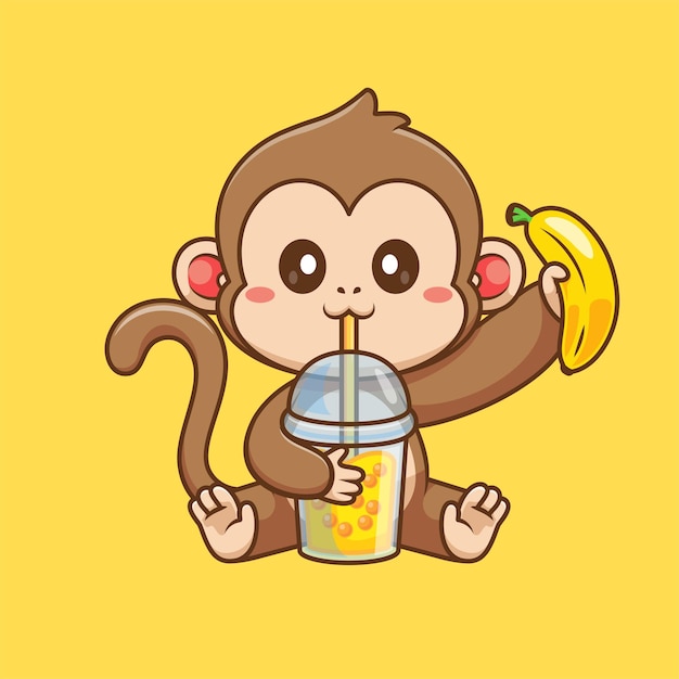 Cute Monkey Drinking Boba Milk Tea With Banana Cartoon Vector Icon Illustration Animal Drink Flat