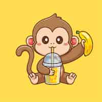 Free vector cute monkey drinking boba milk tea with banana cartoon vector icon illustration animal drink flat