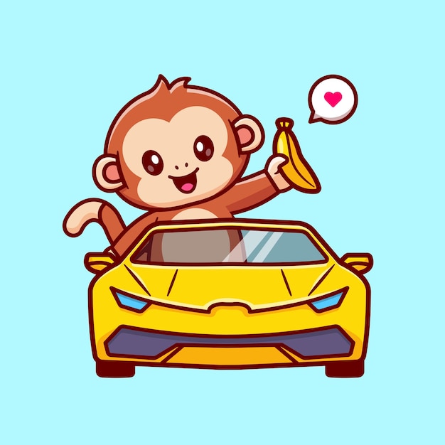 Cute Monkey Driving Car With Banana Cartoon Vector Icon Illustration. Animal Transportation Isolated