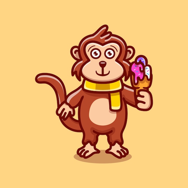 かわいい猿がアイスクリームを食べるイラスト プレミアムベクター