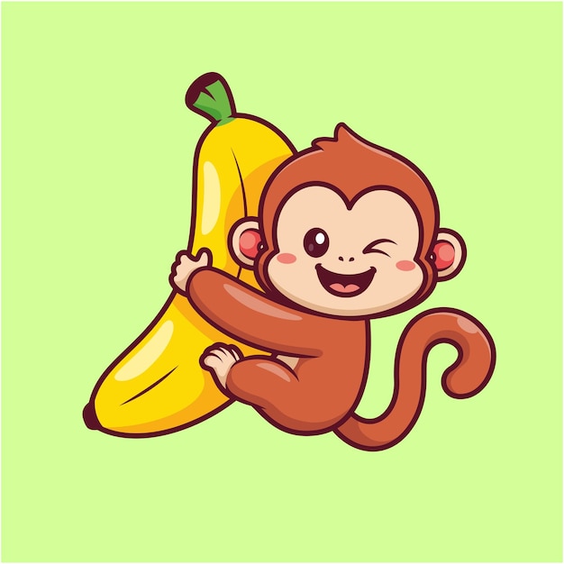 무료 벡터 바나나 만화 벡터 아이콘 그림에 매달려 귀여운 원숭이 동물 음식 아이콘 개념 절연