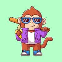 Free vector cute monkey holding banana and baseball bat stick cartoon vector icon illustration. animal sport