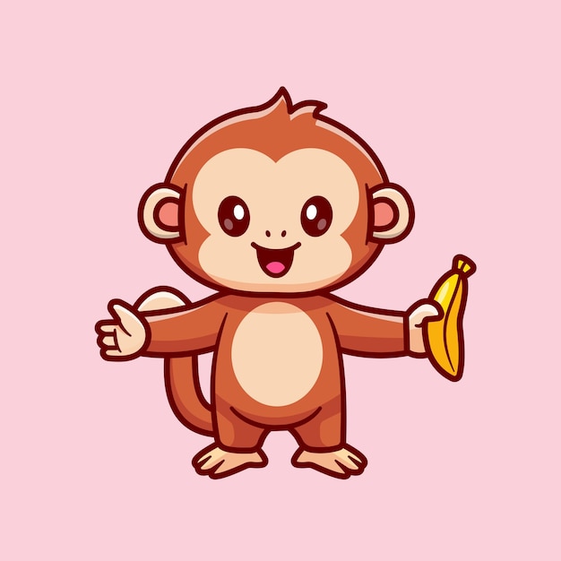 Cute Monkey Holding Banana Cartoon Vector Icon Illustration. Animal Food Icon Concept Isolated Flat