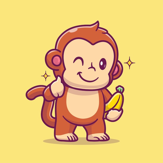 Симпатичная обезьяна, держащая банан с большим пальцем вверх Мультфильм Векторная икона Иллюстрация Корм для животных изолирован