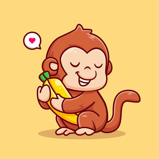 Cute Monkey Hug Banana Cartoon Vector Icon Illustration. Animal Nature Icon Concept Isolated Premium