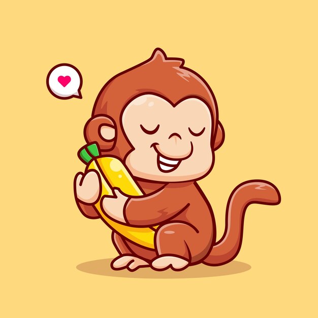 귀여운 원숭이 포옹 바나나 만화 벡터 아이콘 그림. 동물의 자연 아이콘 개념 절연 프리미엄