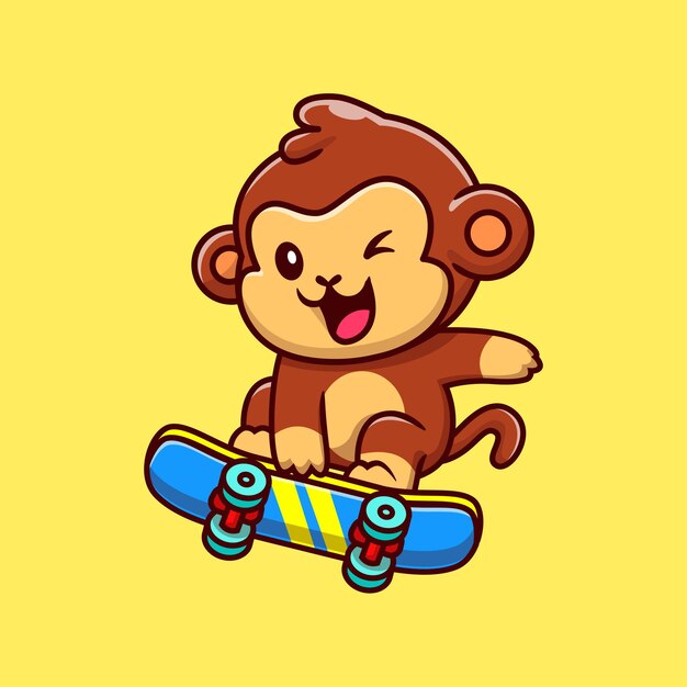 Симпатичная обезьяна, играя на скейтборде, мультяшный вектор значок иллюстрации. Концепция значка спорта животных, изолированных Premium векторы. Плоский мультяшном стиле