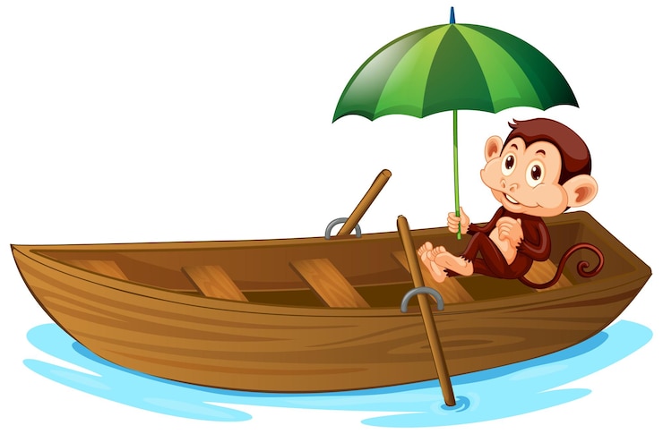Free Vector cute monkey rowing wooden boat on white background