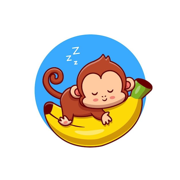 바나나 만화 벡터 아이콘 그림에 잠자는 귀여운 원숭이. 동물 자연 아이콘 개념 절연 프리미엄 벡터입니다. 플랫 만화 스타일