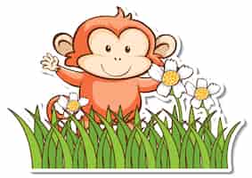 Free vector cute monkey standing in grass field sticker